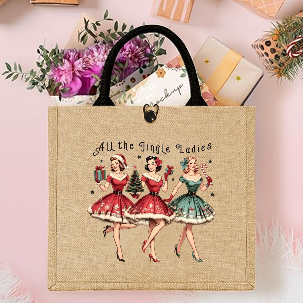 TEMU Vintage Christmas Jute Tote Bag, Perfect For Gifts, Featuring A Printed Design. And Stylish, Durable Jute Bags Are Ideal For Outdoor Picnics,