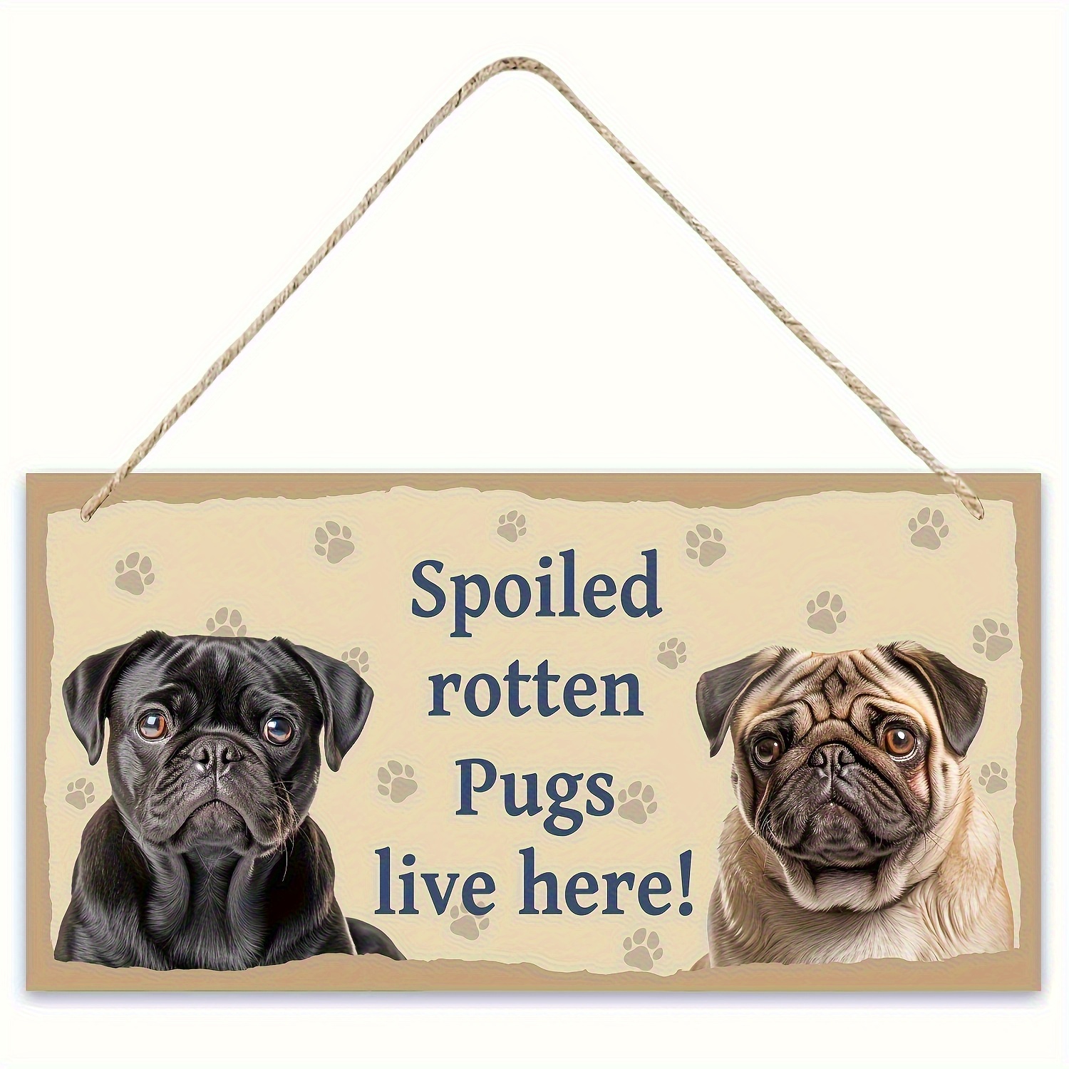 TEMU 2d Flat, Pugs Live Here! - Vintage Style Wooden Wall Hanging Decor For Indoor Spaces, Pug-themed Design With Black & White Pugs, No Power Or
