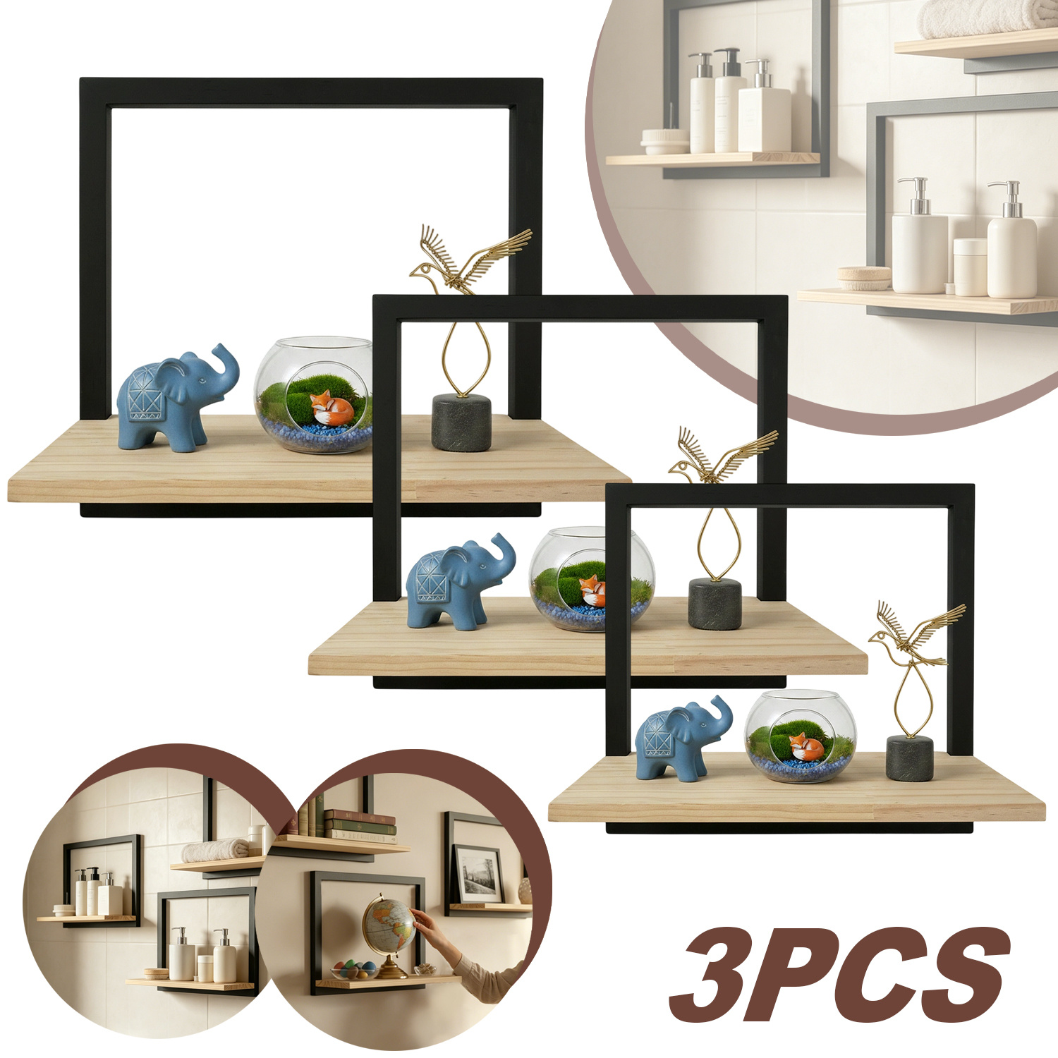 Wall Mounted Storage Racks Set Of 3, Black Metal And Wood Shelves, Space- Floating Shelf Organizer For Living Room Kitchen Bathroom Bedroom, Heavy Duty With Hardware, Floating Shelves