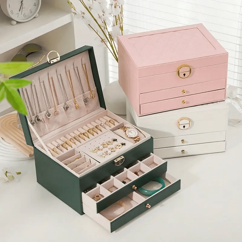 2025 best-selling locking jewelry box with three layers, large capacity soft lining for earrings rings necklaces storage Product details 1