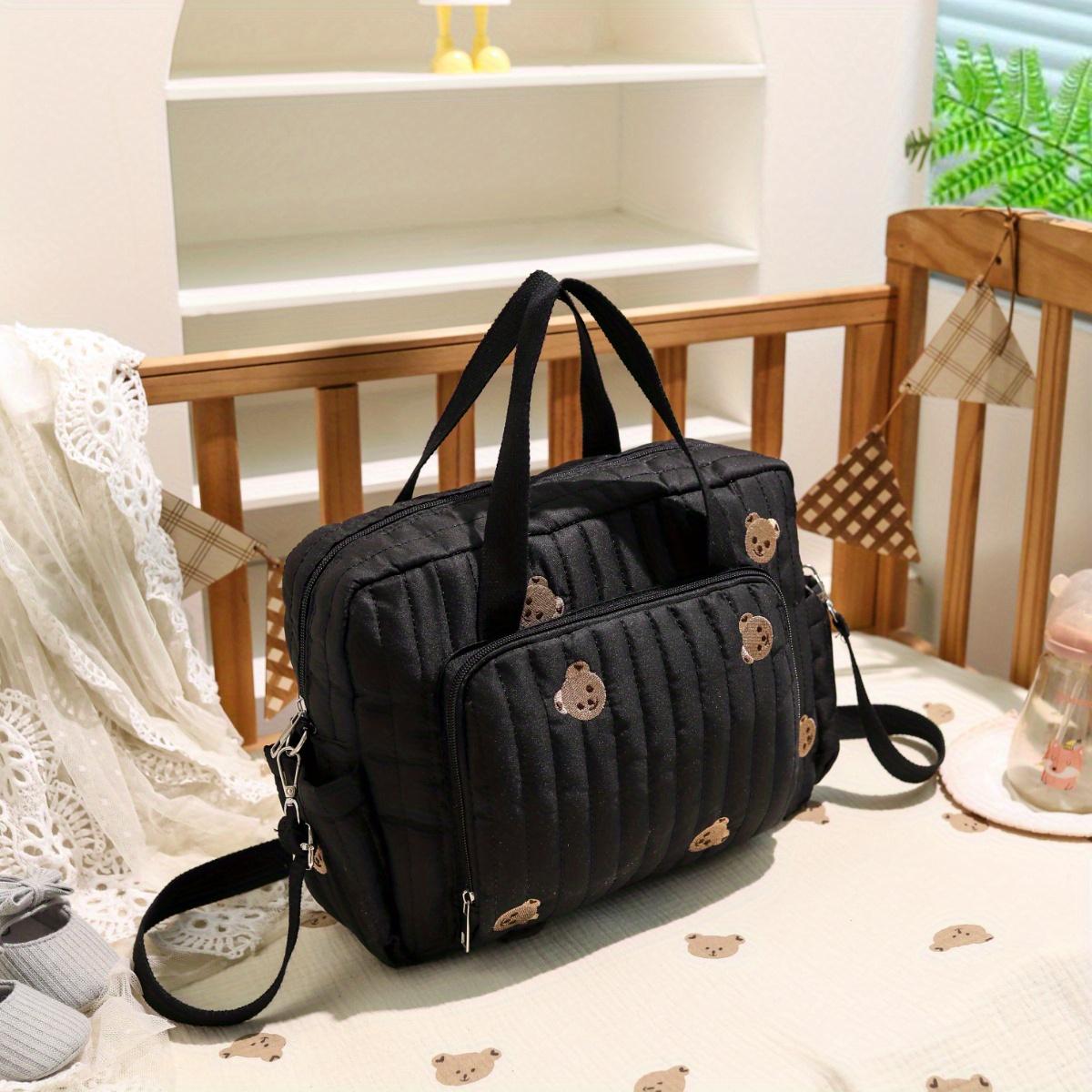 Minimalist Black Embroidered Bear Parent Bag, Large Capacity Travel Organizer For Trips