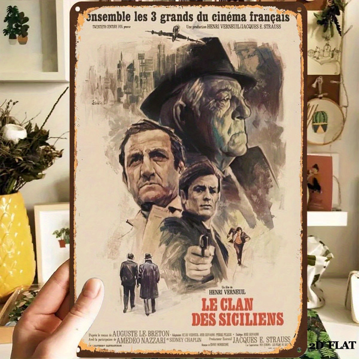 TEMU Plaque décorative plate 2D, Panneau plat 2D - Panneau en fer vintage avec le film français 'Le Clan des Siciliens', parfait pour décorer , bar,