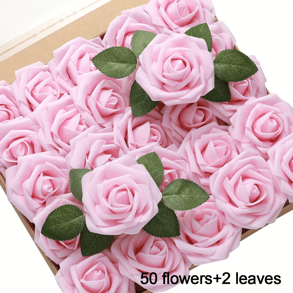 TEMU 52 Artificial Flowers 50 Flowers, 2 Leaves, Foam Rose Flower Fake Flower, Diy Wedding Bouquet White Bridal Gift, Table Decoration Home Ornament