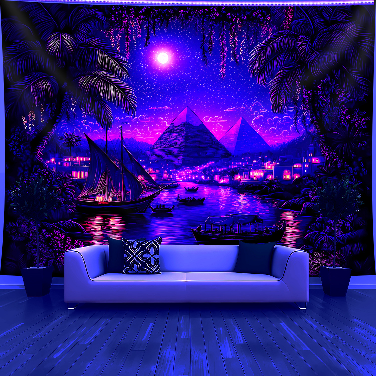 TEMU 1pc Scene Ship Plants- Glow In The Uv Light Banner Tapestry, Large Size Fluorescent Printing Tapestry, Bedroom Hanging Tapestry For Party