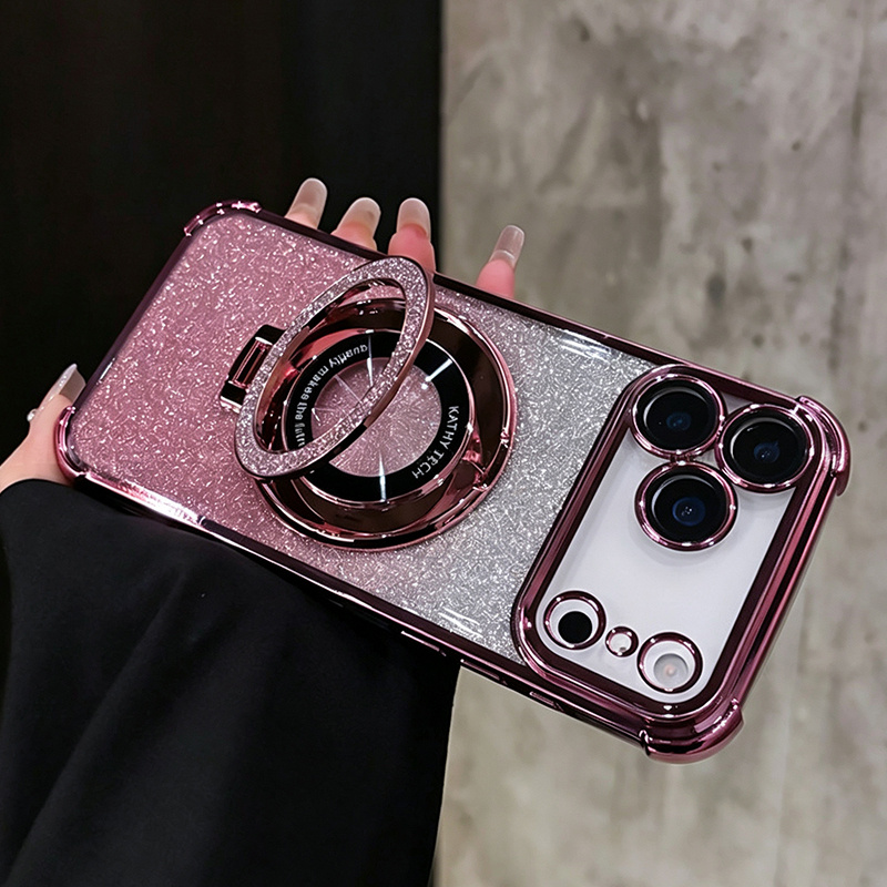TEMU Phone Case: Luxury Glitter Electroplated Frame Transparent Phone Case For Iphone 18 Pro Max 17 Air 16 Plus With Ring Kickstand, Horizontal