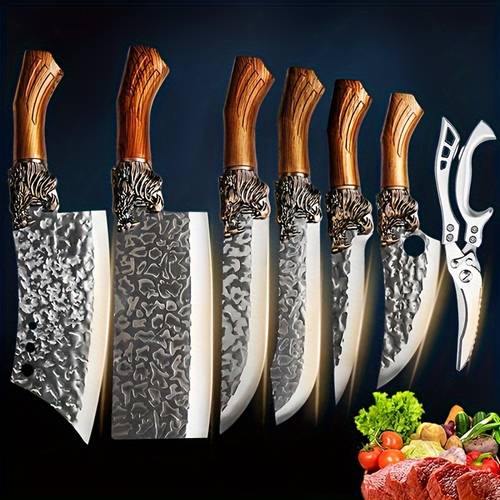 handmade 7pcs stainless steel kitchen knives suit chef knife osteotome butcher knife kitchen scissors osteotome duck set can prepare a of ingredients