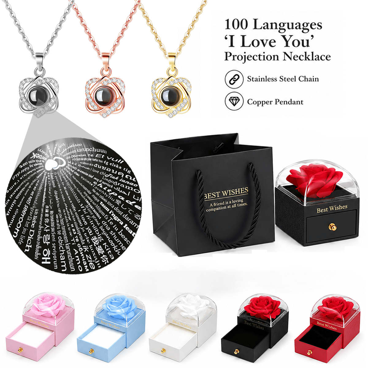 100 Languages I Love You Projection Double Heart Pendant Necklace