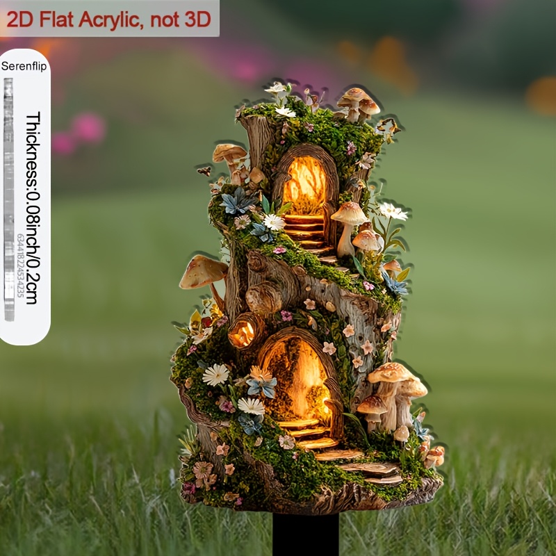 TEMU 2d Flat - 【2d Flat】 2d Flat - [2d Flat] 2d Flat - [2d Flat] 1pc 2d Flat Pattern Acrylic Ground Plug, Fairy-themed Stump Cottage, With Flower Pot