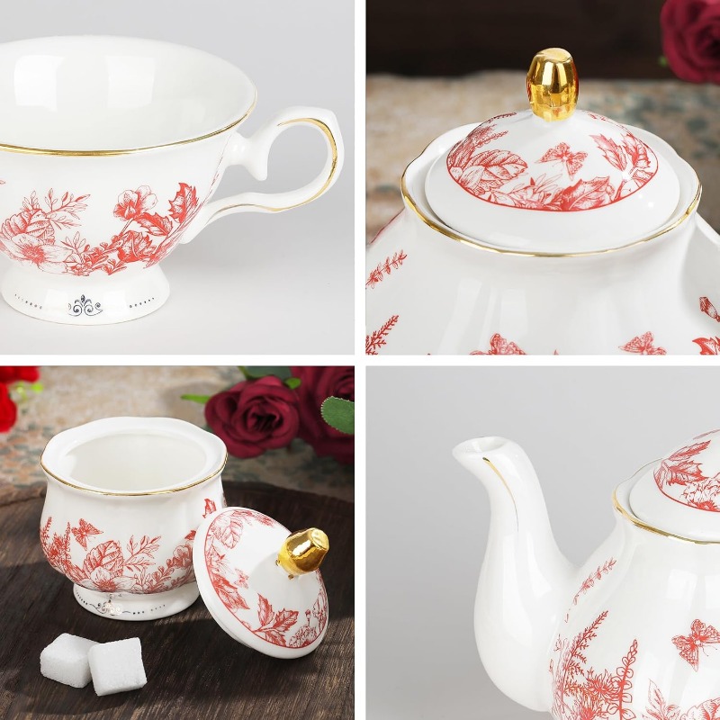 22pcs vintage red floral porcelain tea set with golden-rimmed white & pink bone china tea service,   & storage holder - wedding, birthday, anniversary gift for women, tea party, everyday use - durable & safe mineral-based porcelain, complete set with teapot, 6 cups, saucers, sugar bowl, milk jug & spoons, tea accessories, chinese tea pot, tea cup, magical teapot, tea strainer Product details 1