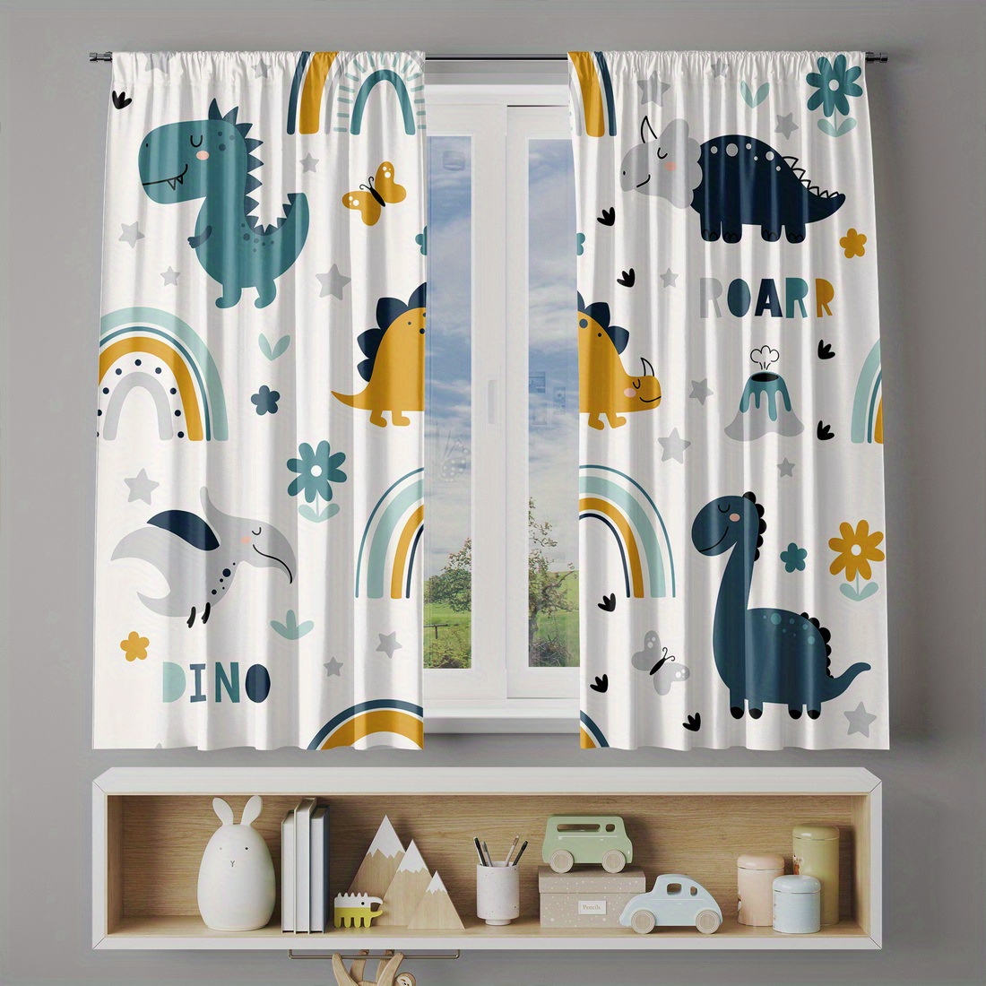 TEMU 2 piezas de para Cortinas, Estampado de Dinosaurio Animado en Productos para Ventanas, Cortinas Opacas Aislantes para Dormitorio, Poliéster