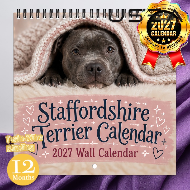 TEMU 2027 Wall Calendar2027 Staffordshire Terrier Wall Calendar, 12-month Monthly Planner With Twin Wire Spiral Binding, Hanging 8.3x8.3 Inch Square