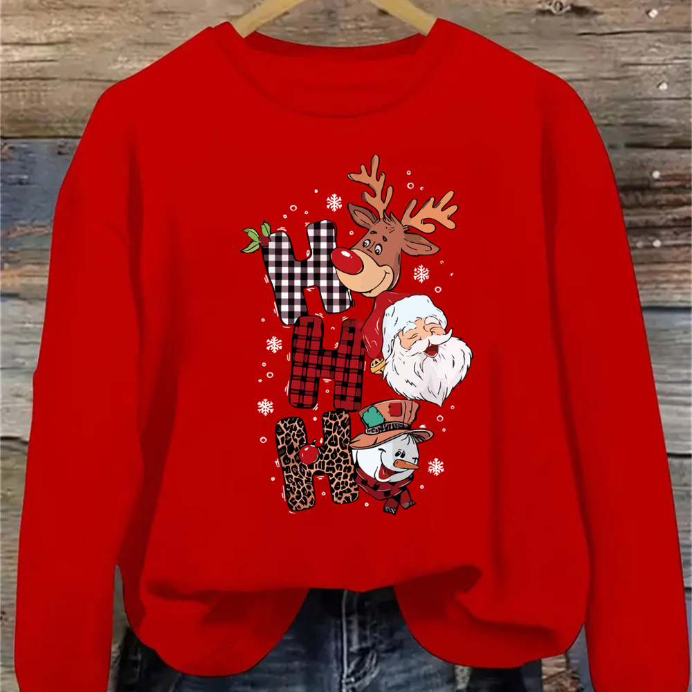 

Christmas Santa & Elk & Snowman Print Sweatshirt, Round Neck Casual Sweatshirt, Suitable For Autumn And Winter Women's Clothing