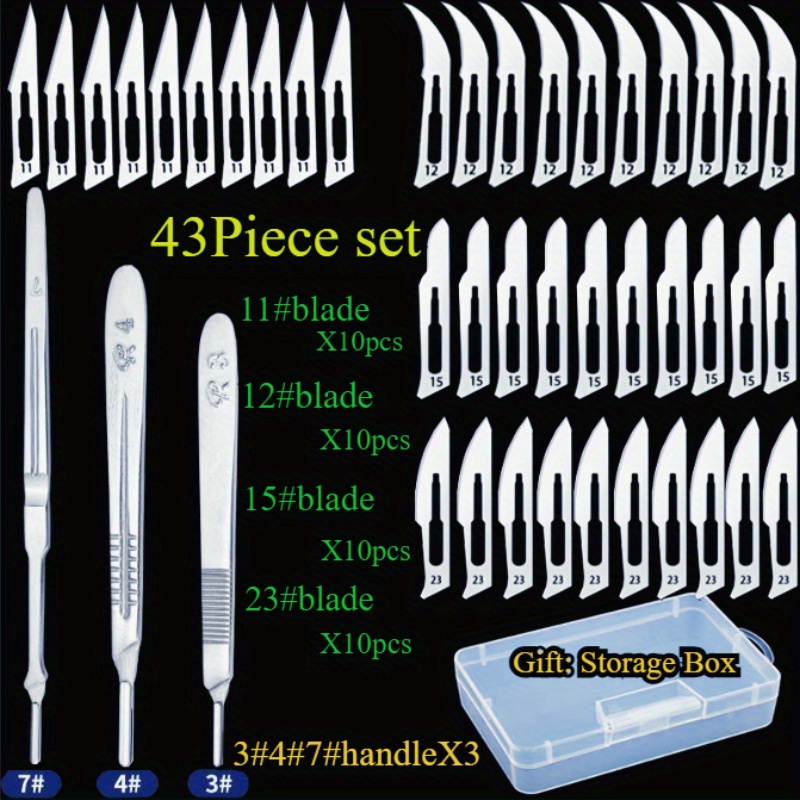 두꺼운 손잡이가 포함된 43개 세트로, 3, 4, 7 사이즈 손잡이와 11, 12, 15, 23 블레이드가 각각 10개씩 포함되어 있습니다. 무료 보관 상자가 제공되며, 조각, 전화 수리 및 세밀한 작업에 적합합니다. 내구성이 뛰어난 탄소강으로 제작되었으며, 과일 칼과 조각 칼에 호환되는 비가역적 손잡이를 가지고 있습니다.