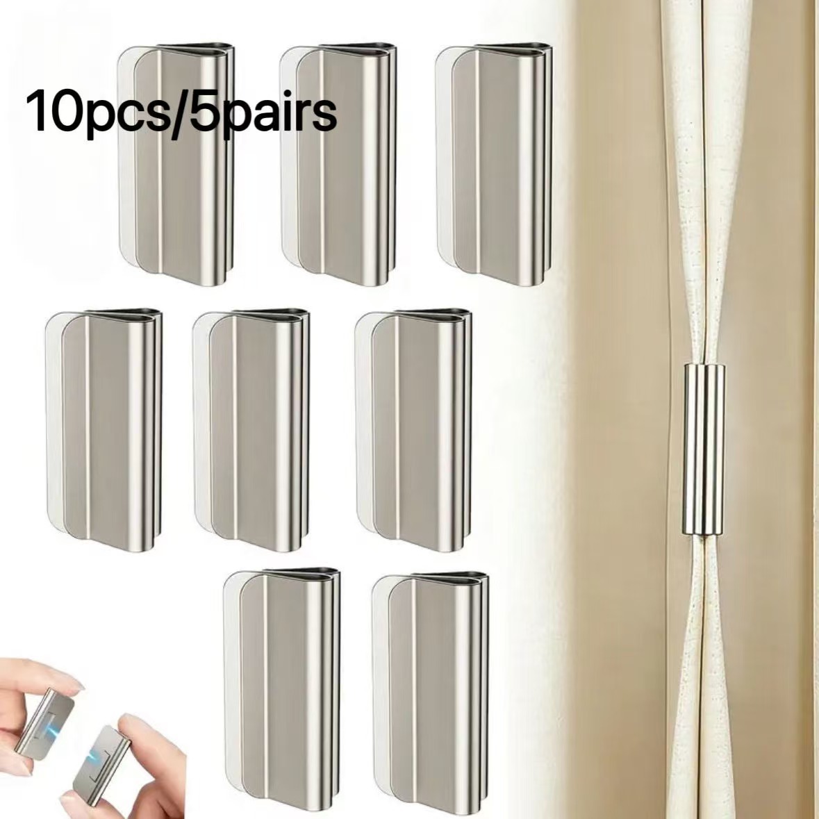 TEMU 10pcs (5 Pairs), Magnetic Curtain Clips, No-drill Curtain , Strong Magnetic Curtain Hooks, Self-adhesive Curtain Closure Clips, Reusable Metal
