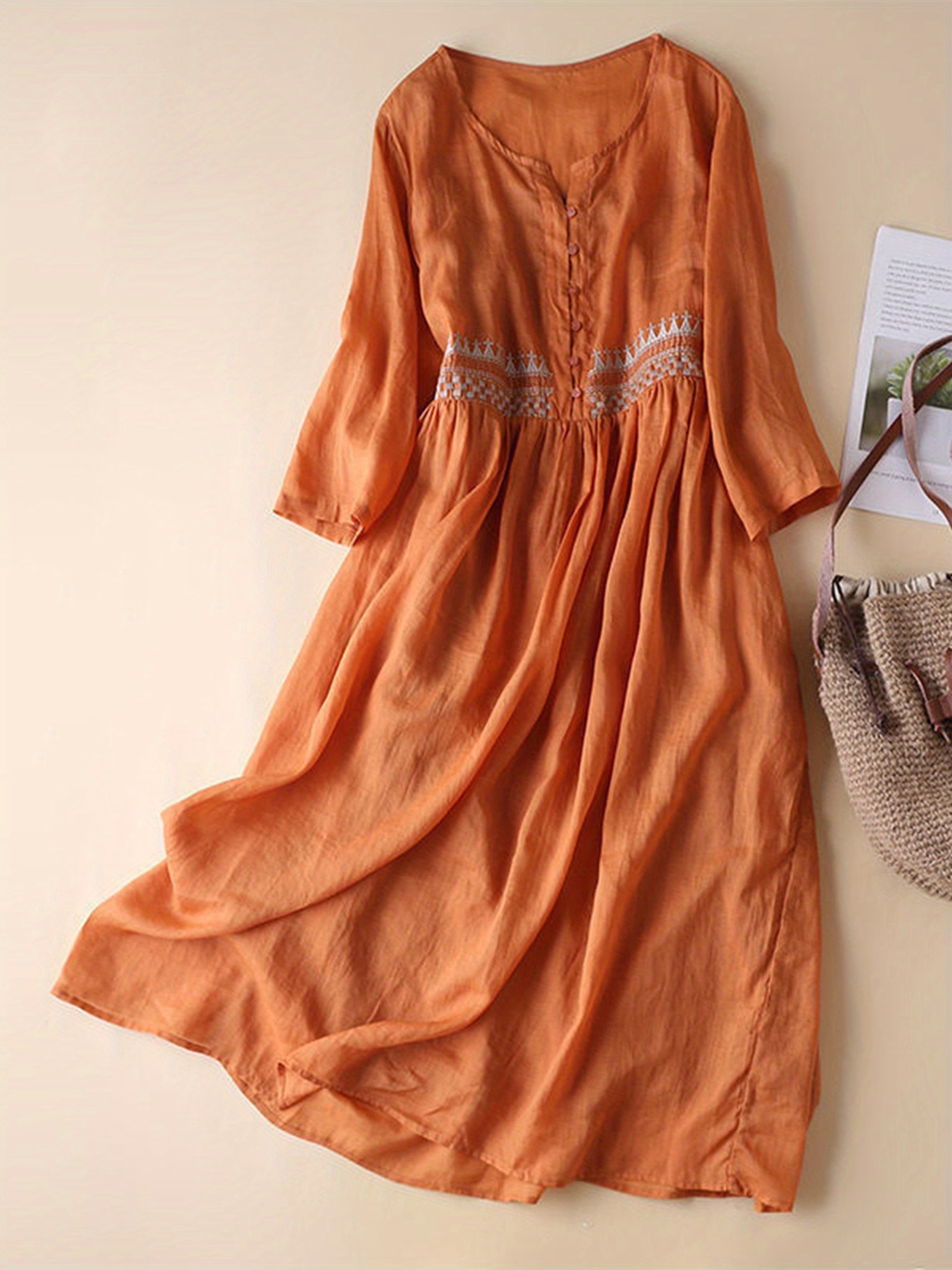 women summer dress casual vintage embroidery 3/4 sleeves midi dress for  cocktail vacation club streetwear - women's clothing - Temu
