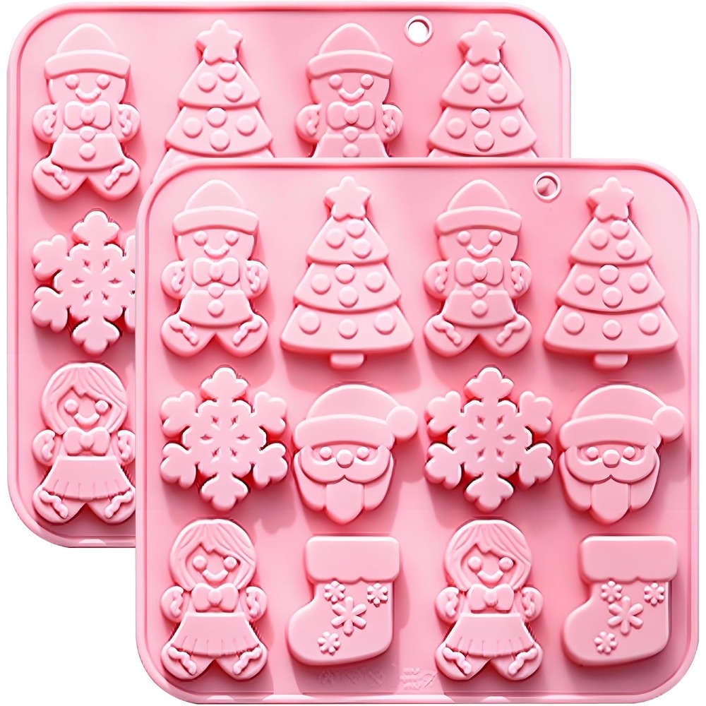 TEMU 2pcs Christmas Silicone Candy Molds, 12-cavity, Pink, Santa & Snowflake Shapes, 6.42x6.22in Each, Easy To Clean, Chocolate & Jelly Use, Reusable