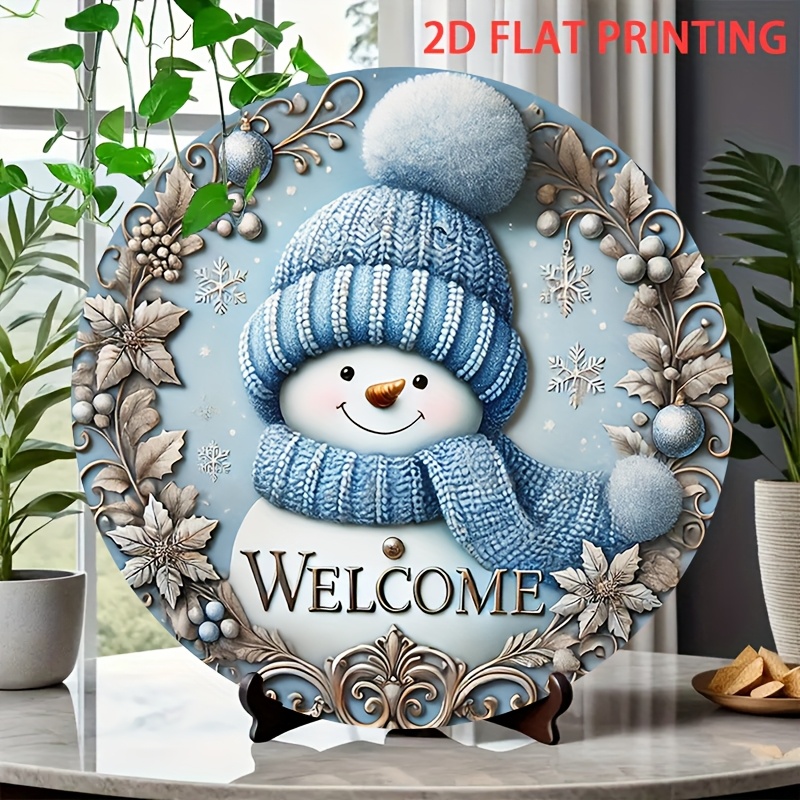 TEMU 2D Plat - Panneau de de Neige Hivernale 2D - Art Mural Rond en Bois, Design Imprimé 2D , Décoration de Noël Bleue et Blanche de 20,32 cm,