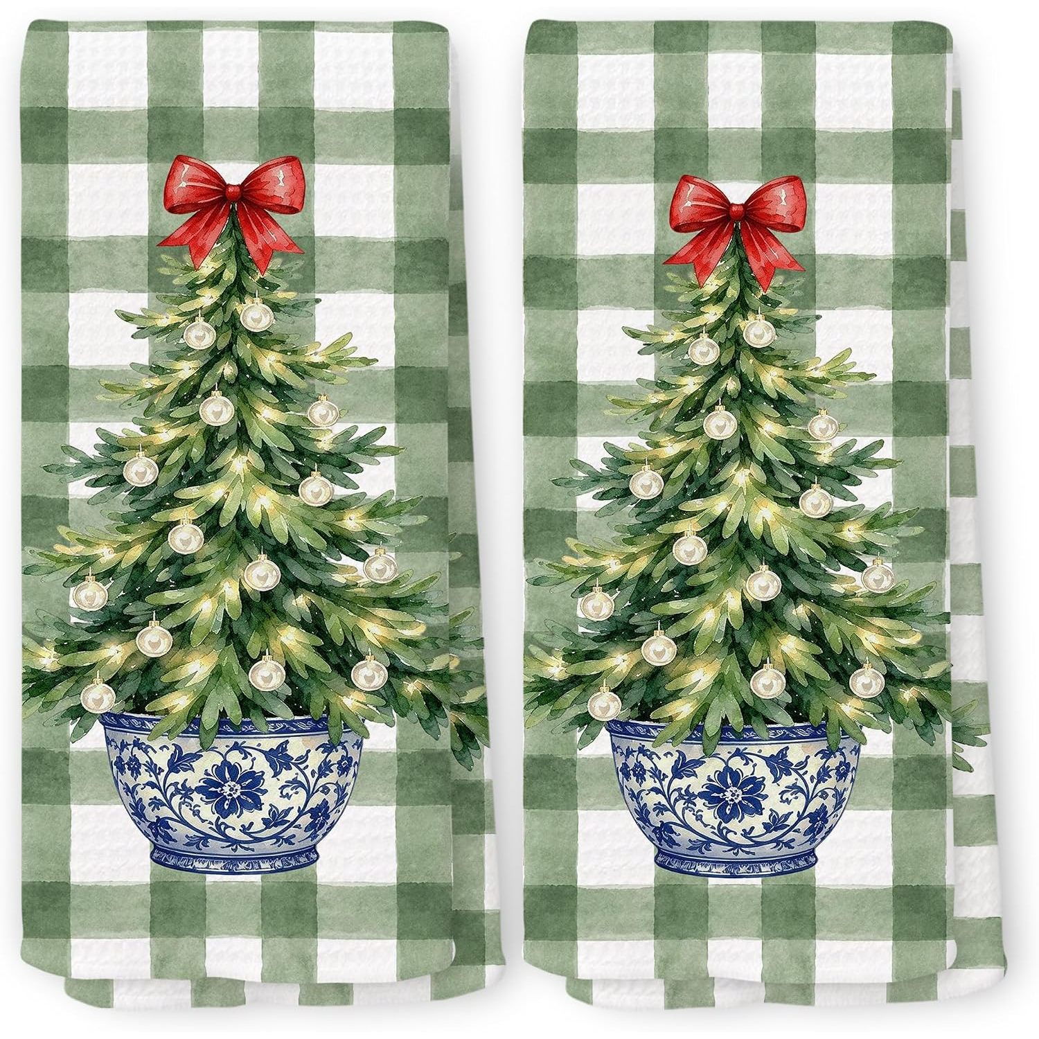TEMU Cleaning Cloth 2pcs Kitchen Towels Chinoiserie Christmas Kiten Towels Christmas Dish Tea Towels, Red Bow Xmas Pine Tree Decorative