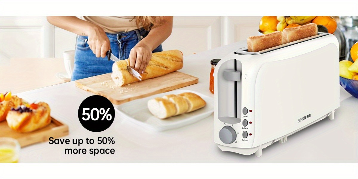 SEEDDEEM 2-Slice Slim Toaster with 6 Shade Settings, Reheat & Defrost, Removable Crumb Tray - 750W Compact Design for Bread, Waffles, Bagels - Fits-Anywhere™ Kitchenware, White, Versatile Kitchen Appliance, Sleek Appliance, Modern Kitchenware, Highquality Appliance, Stainless Steel Construction