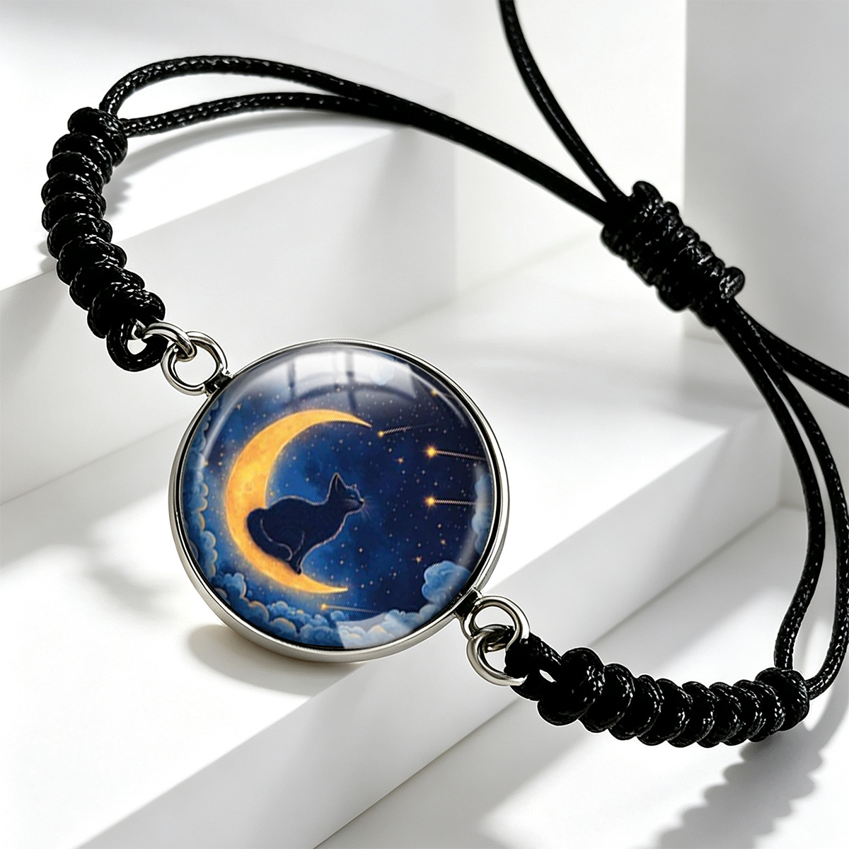 Unisex Night Sky Crescent Meteor Black Cat Woven Bracelet