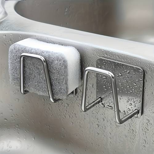 imagem do item suporte para esponja de pia em aço inoxidável, pacote , cor - organizador de cozinha autoadesivo sem furos, instalação com à de , adequado para esponjas e , design de metal durável, ergonômica, escorredor de louça para que economiza