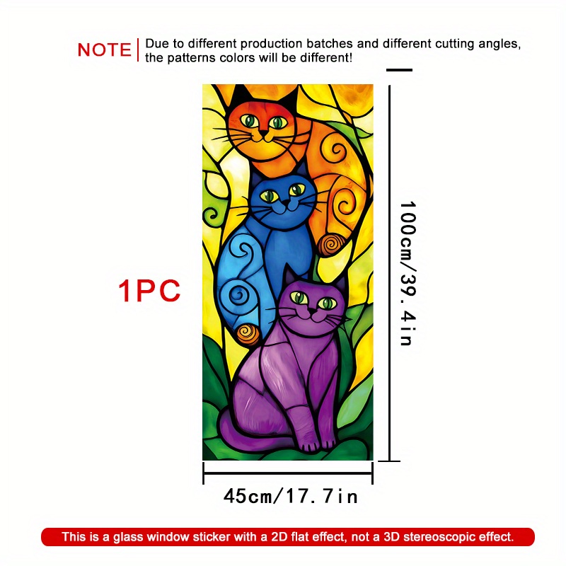 TEMU 2d Flat - 2d Flat - 1pc Of 2d Flat Stained Glass Window Film Featuring A Trio Of Orange, Blue, And Purple Cats Set Against A Colorful Cracked