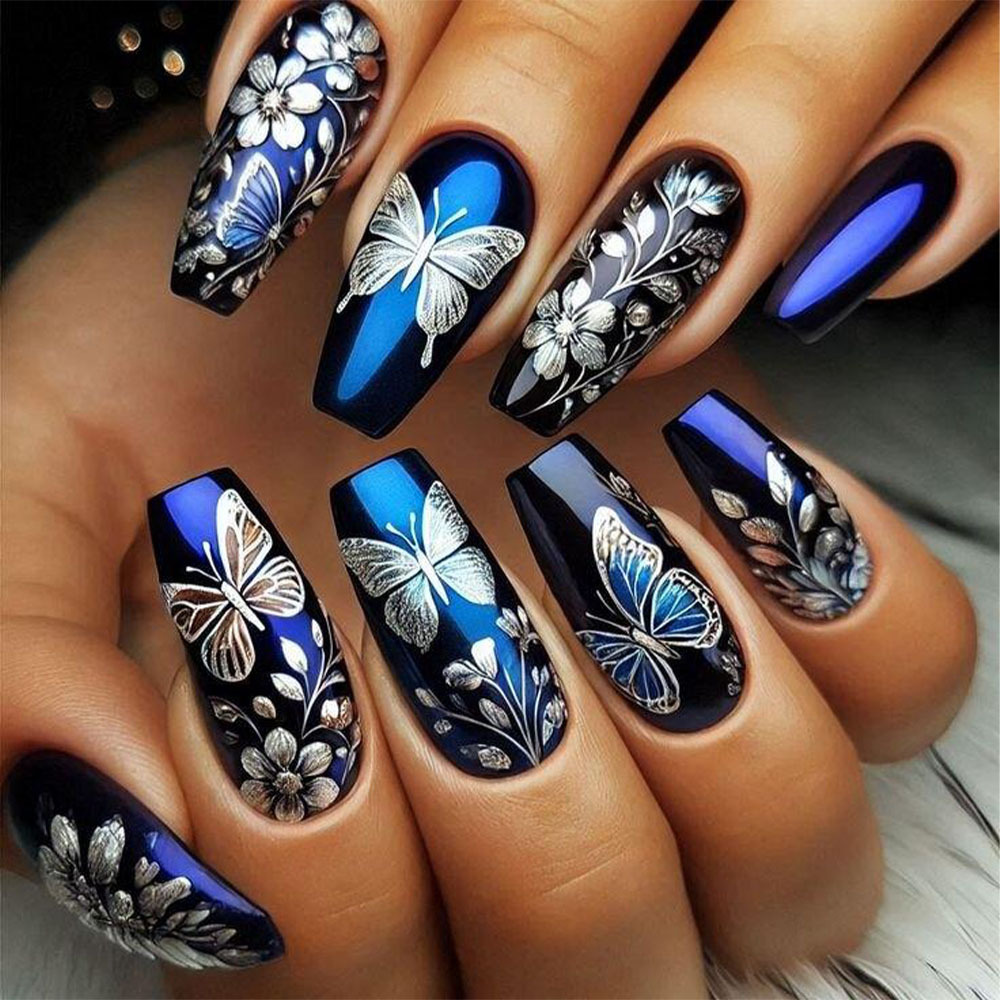 TEMU 48pcs Long Ballet Trendy Dark Blue Press On Nails Reusable With Shiny Silvery And Flower Pattern Fake Nails Dark With Design Glossy Finish Easy