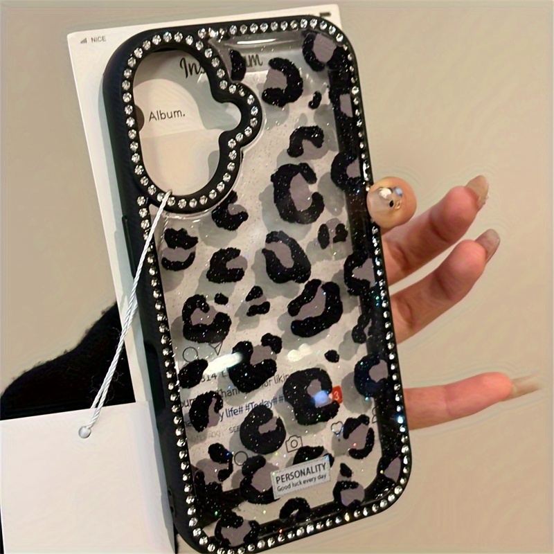 TEMU Coque de téléphone - une coque de téléphone à imprimé léopard, de paillettes et de strass, compatible avec iPhone 16, 15, 14 Pro Max, Plus et