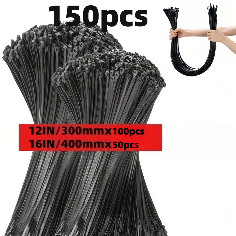 TEMU 150pcs Black Heavy Duty Nylon Cable Management Zip Ties, 2026 Upgraded Universal Cable Ties, 12in And 16in Lengths, 120 Lbs High Tensile