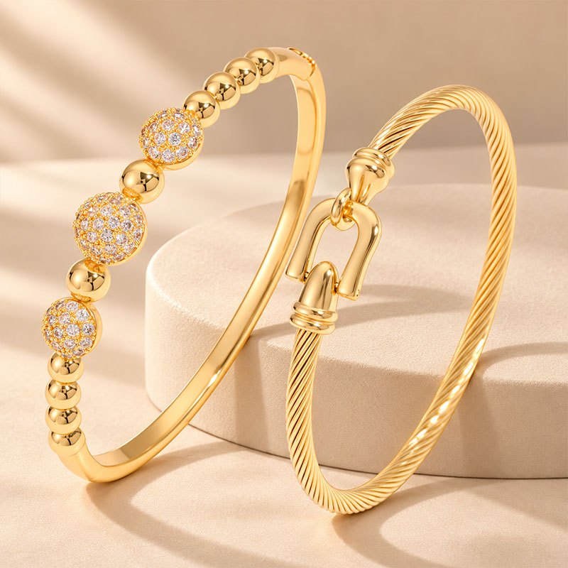 2pc Women's Stainless Steel & Copper Bracelet Set, Elegant Design