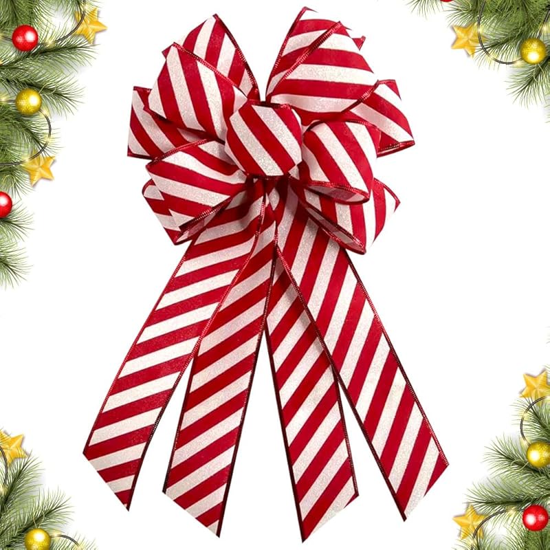TEMU A Large Christmas Wreath Bow Measuring 20 Inches By 11 Inches, Made Of White Sparkling Red Striped Polyester, Suitable For Christmas Tree