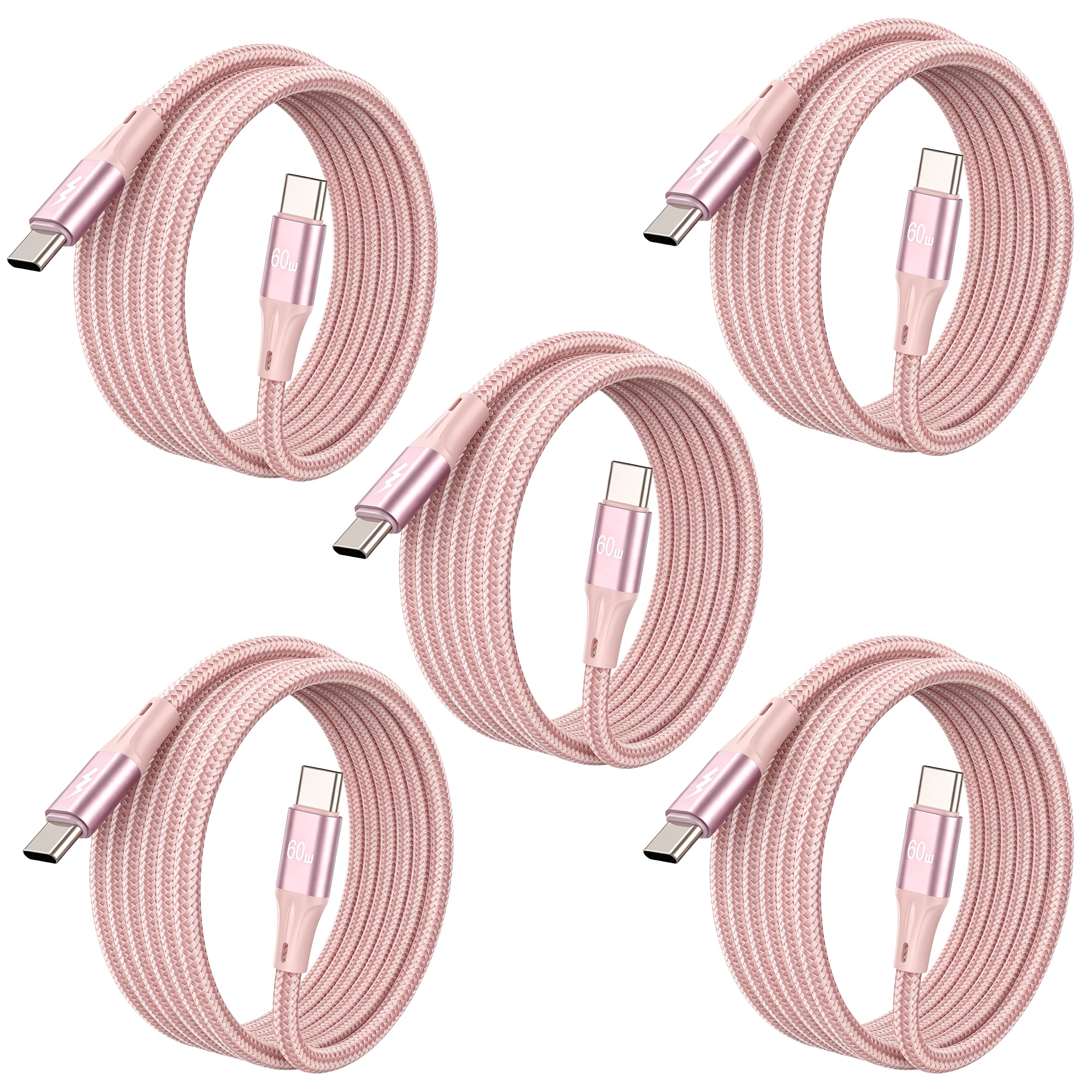 5pcs USB to USB-C Cable 60W Fast Charging, Durable Braided