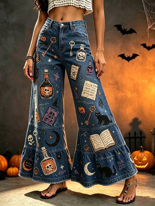 halloween themed magic book skull potion all flare jeans high waist layered spliced wide flare womens trousers floor grazing womens pants fashionable casual figure flattering trousers