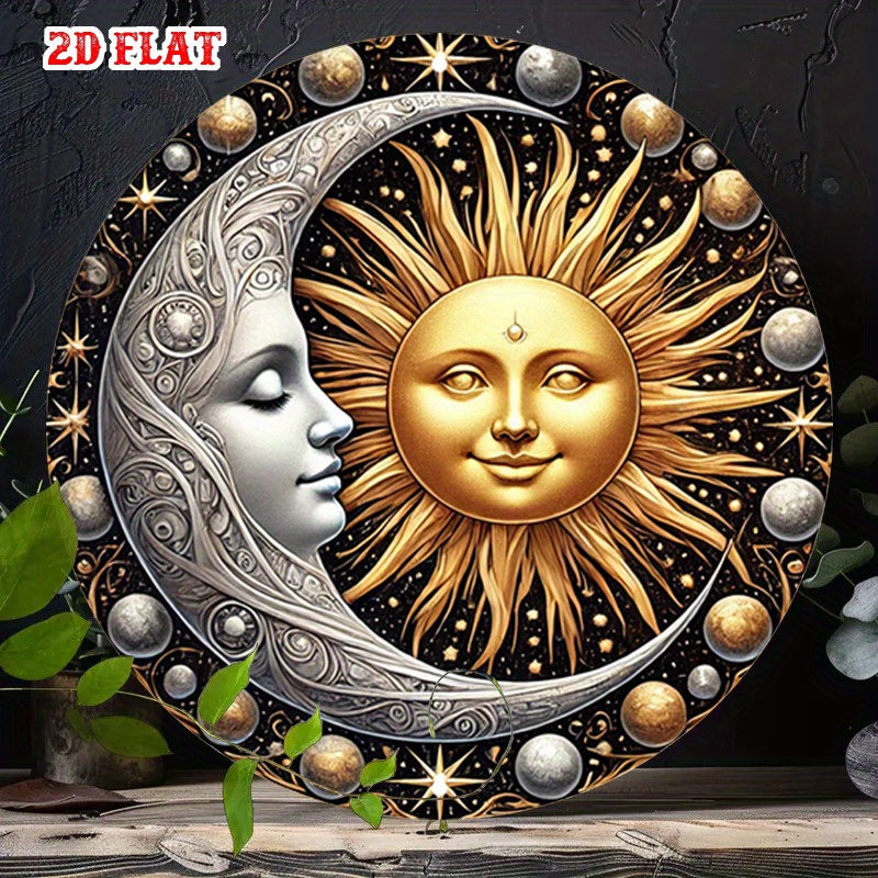 Image of 2d Flat, 1pc Solar Moon Celestial Metal Wall Art And With Stars Rustic Space Decor Flat Round Aluminum Sign For Home, Cafe, Garage Pre-drilled Holes Astronomy-themed Decoration, Moon Decor, Detailed