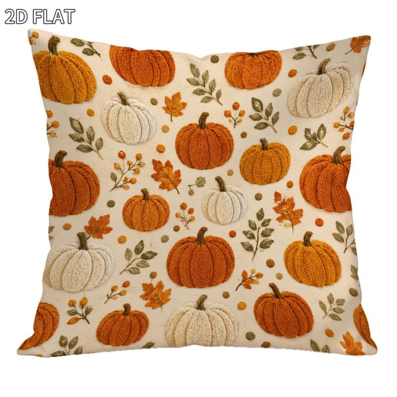 TEMU Fall Thanksgiving Decorative Pillow Cover, 1pc 18x18 Inch, 2d Flat - Style With Pumpkins Leaves Pattern, Warm Autumn Themed Throw Pillowcase For