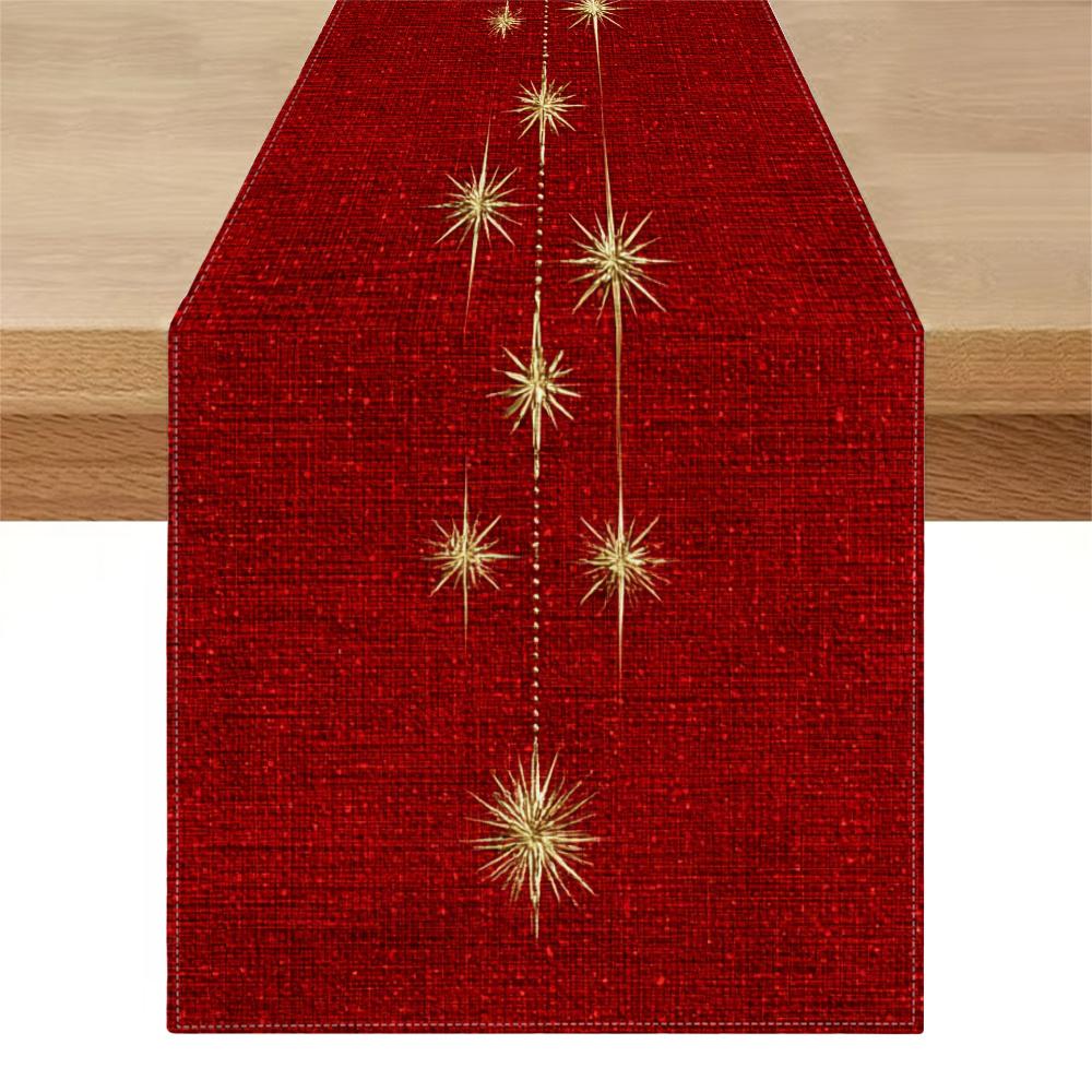 TEMU [4 Sizes Available], 1pc, 2d Flat Printing, Christmas Red Base With Golden Starburst Pattern Table Runner, Festive Atmosphere Decor Tablecloth,