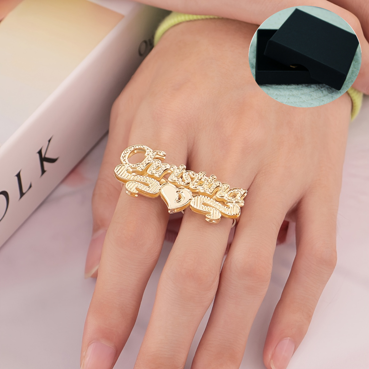 TEMU Personalized Name Ring | Custom Name Double-layer Ring, 18k Golden Plated, 304 Stainless Steel, Ideal For Father's Day, Valentine's Day,