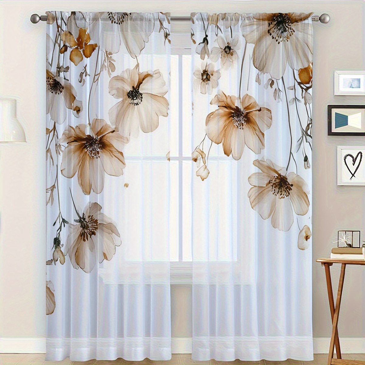TEMU 2 Stück Halbtransparente Vorhänge mit elegantem Blumenmuster – 100% Polyester-Chiffon, Stangen-Tasche, maschinenwaschbar für Wohnzimmer,