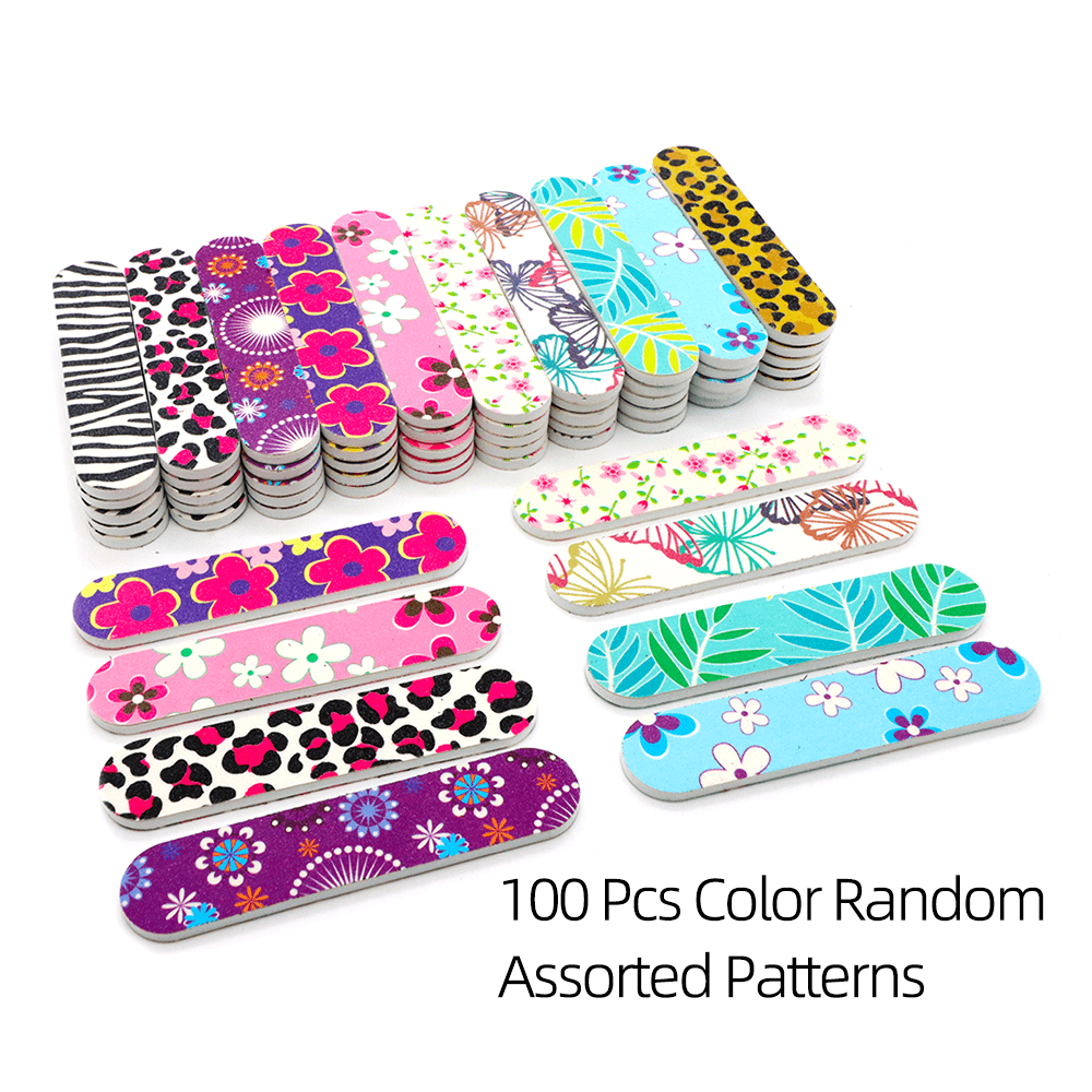 Image of 100-pack Mini Nail Files Color Random Assorted Patterns 180 Grit - Double Sided Disposable Emery Boards For Natural Nails, Manicure Set