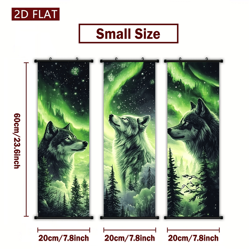 TEMU 2d Flat, 2d/flat 3pcs Aurora Forest Wolf Themed Plastic Scroll Wall Hanging Art, Hd Printed And Fade-resistant, Modern Wall Decoration. Suitable