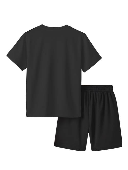 black and white figure silhouette sports fitness theme cute boys casual comfortable short sleeve t shirt and shorts 2pcs set spring summer outdoor trendy element best gift for children for outdoor