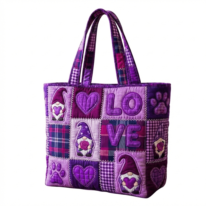 Image of Women' Large Capacity Quilted Tote Bag With Gnome & Paw Print - Machine Washable Shoulder Bag Suitable For, Shopping,, Casual Use, Reusable Shopper Handbag With Wrist Strap, Quilted For