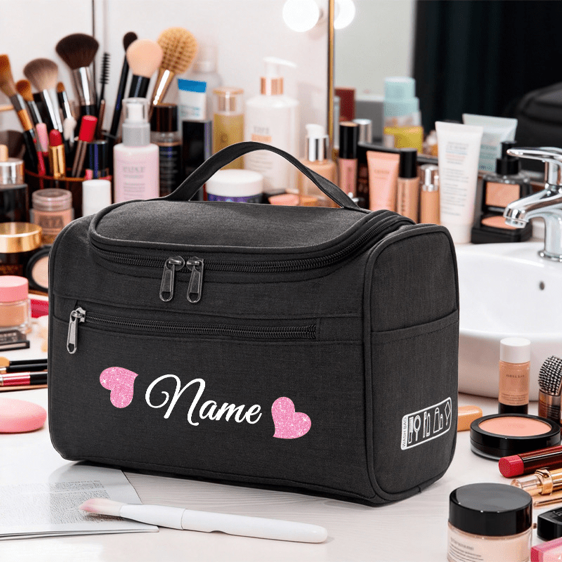 TEMU [toiletry Bag] Custom Name Glitter Heart Print Hook-and-loop Large Capacity Toiletry Bag, Multi-compartment Partition Organizer, Portable Makeup