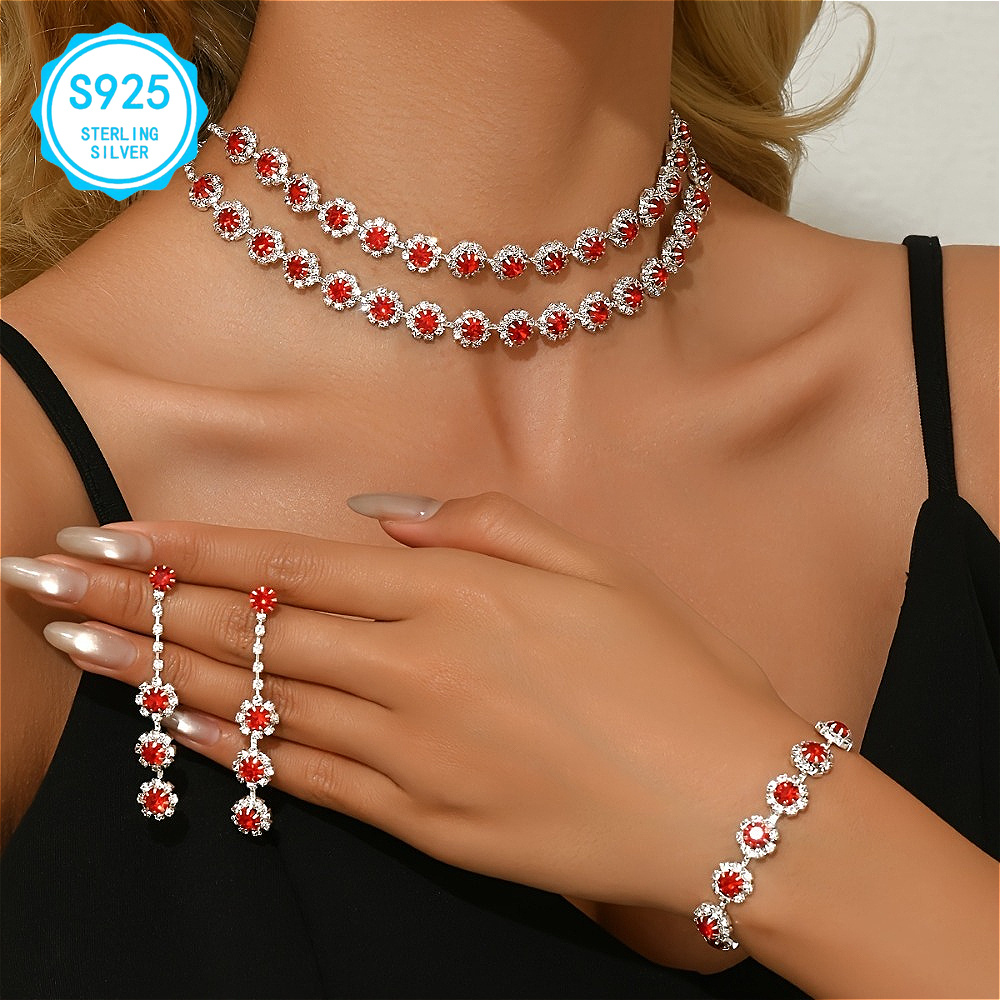 Faux Pearl & Red Carnelian Jewelry Set – Necklace, Bracelet, Earrings For Women, Silver Tone - View #13