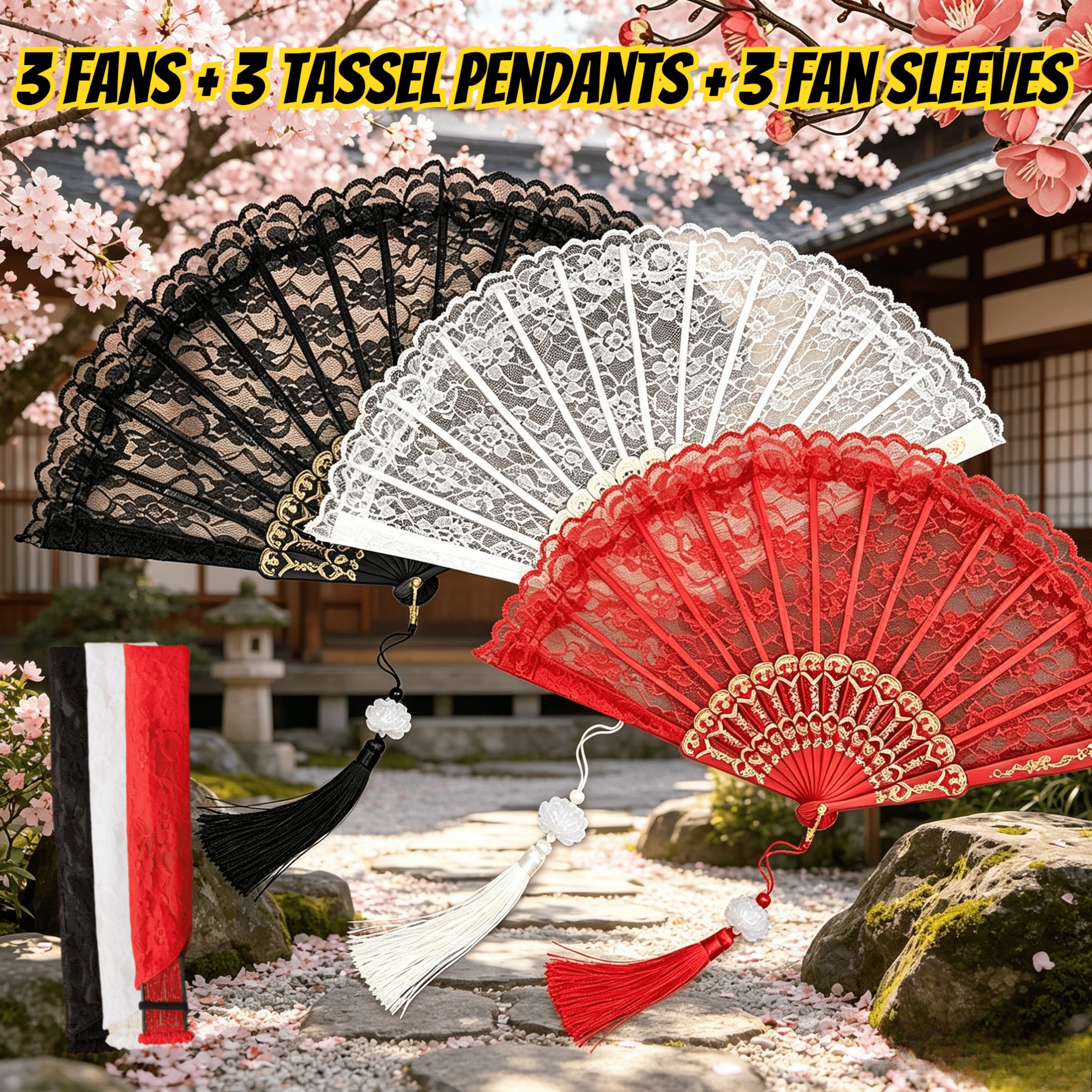 Image of European Vintage Lace Fan 3- Orchid Style With 3 Tassel Pendants And 3 Sleeves Foldable Design For Photography Props Adult Women Summer Essential Unique Lace Craft Elegant Vintage Style