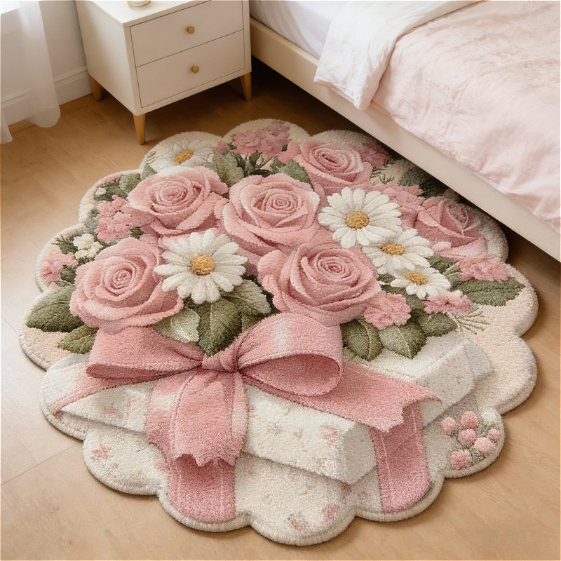 TEMU 900g 9mm Light Luxury Rose Pattern Living Room Sofa Carpet, Valentine's Day Bedroom Decor Bedside Rug With Bow Gift , Washable Plush Carpet For