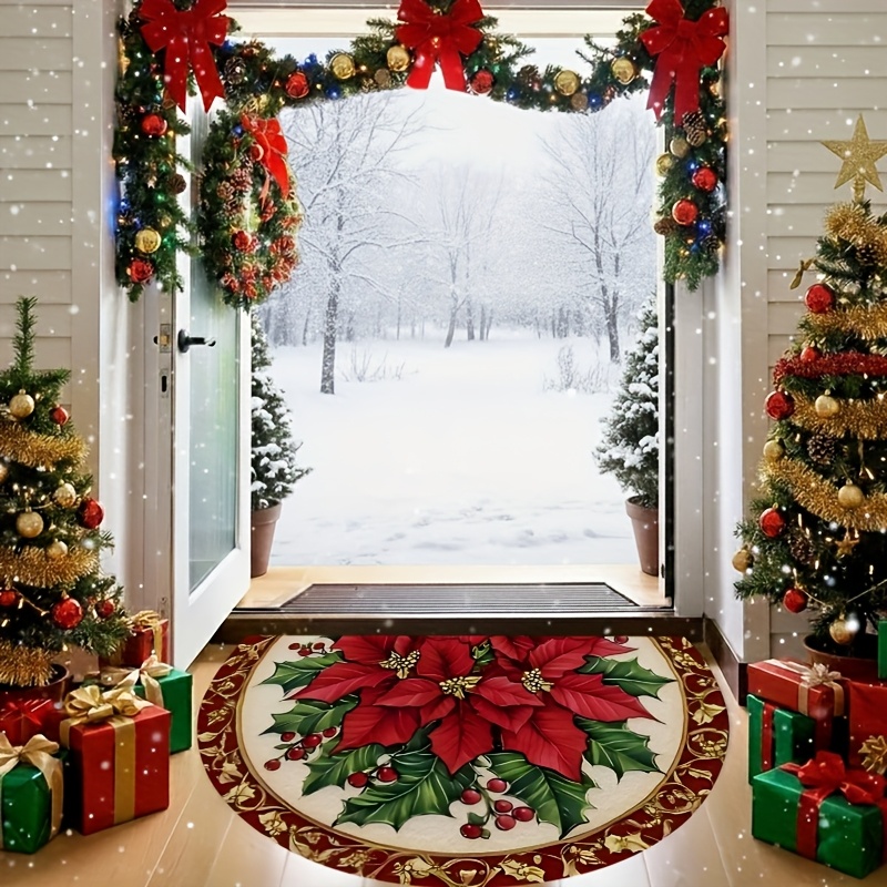 TEMU Tapis de de Noël Étoile de Bethléem Rouge - Tapis d'Entrée Sémicirculaire avec Houx Vert et Dorées, avec un Coussin Beige Doux, Parfait pour les