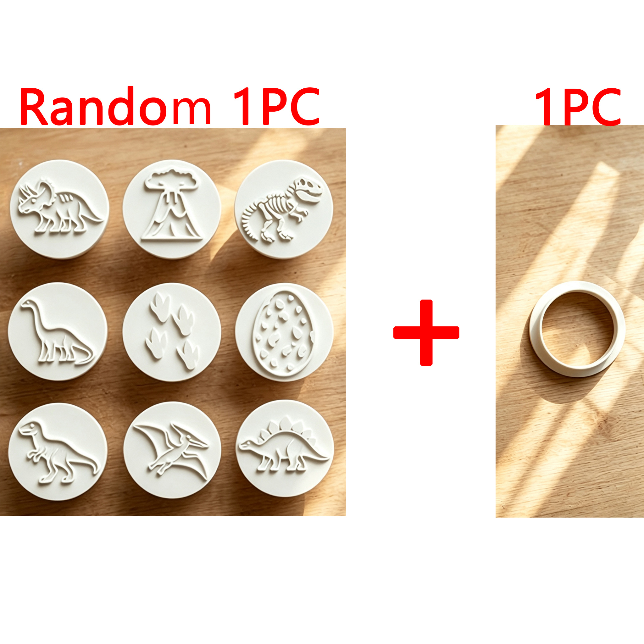 TEMU Random 1pc Dinosaur-themed Soft Clay Stamp Mold Set (includes 1pc Stamp Round Cutter), With 9pcs Jurassic Fun Patterns Of Triceratops, Rex,