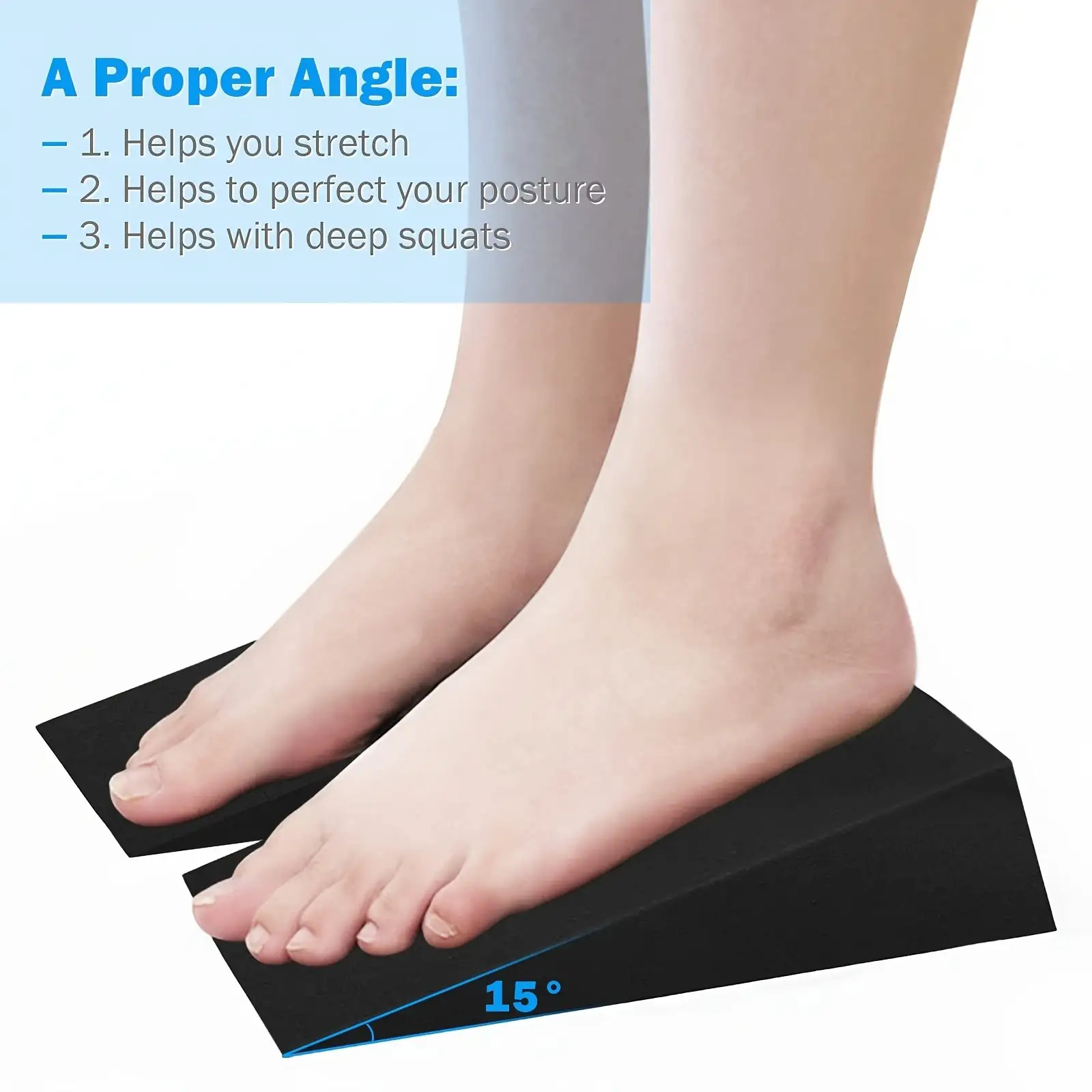 Person using a black squat wedge for foot stretching with text on proper angle benefits.
