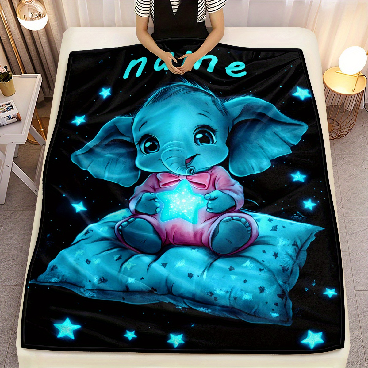 TEMU Couverture Personnalisée Éléphant Cueillant des Étoiles - Légère en Flanelle, pour Canapés, Lits, , Camping, Salons, Bureaux, Chaises et Lits -